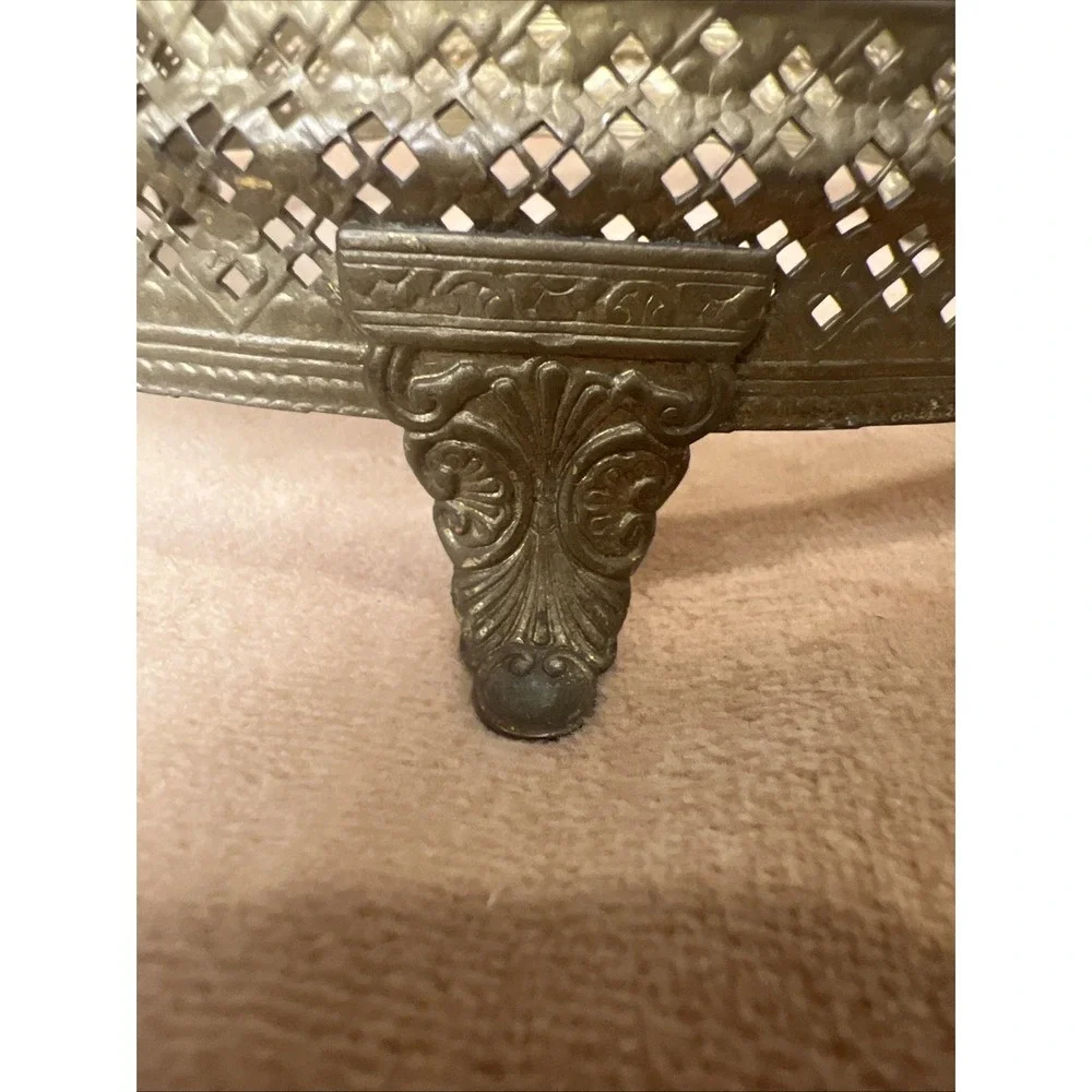 Vintage Ornate Brass Circular footed rim stand antique scroll cut handled holder